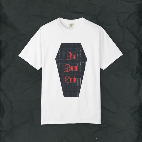 No Dead Code Programmer Shirt, Gothic Coding T-Shirt, Punch Card Coffin Design Tee