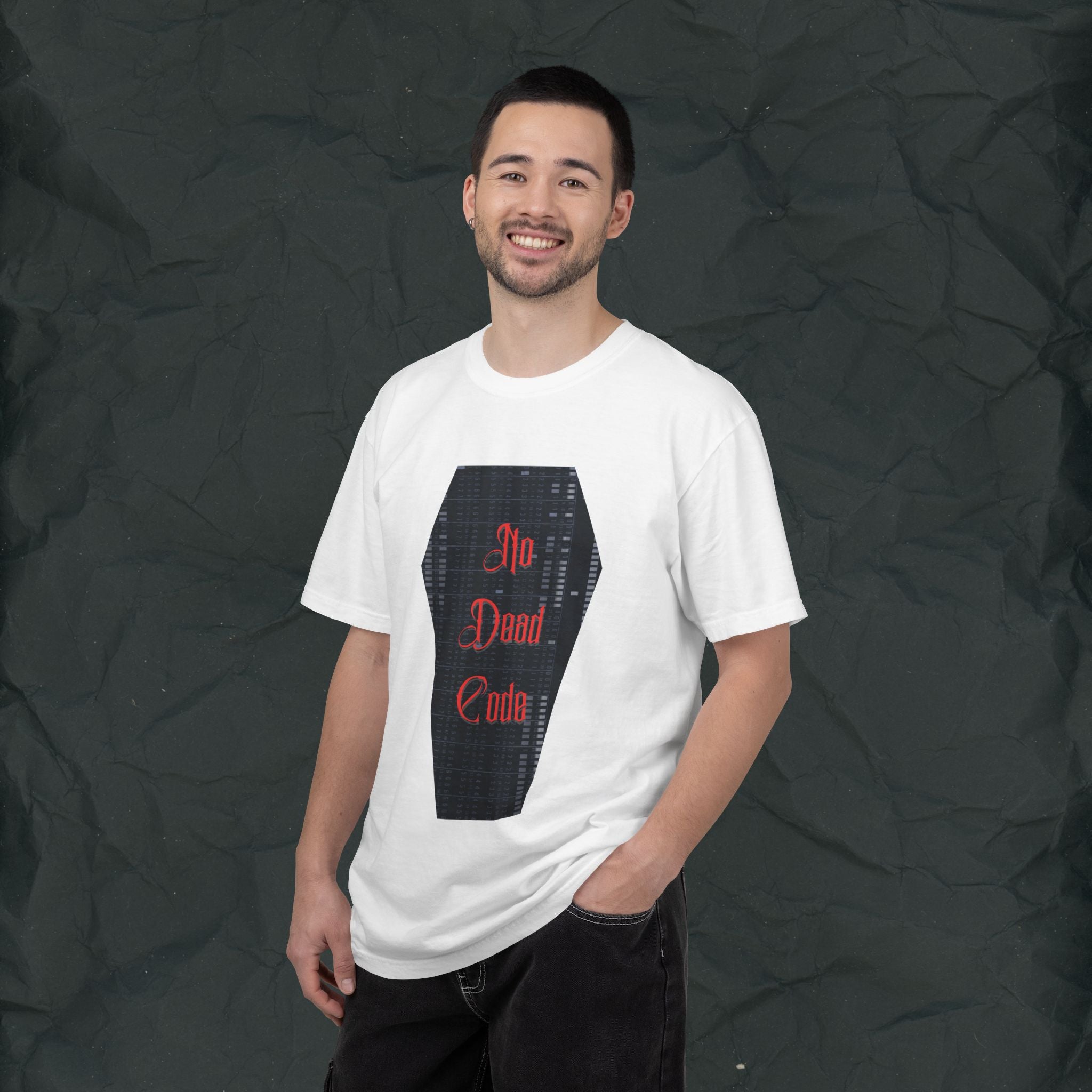 No Dead Code Programmer Shirt, Gothic Coding T-Shirt, Punch Card Coffin Design Tee