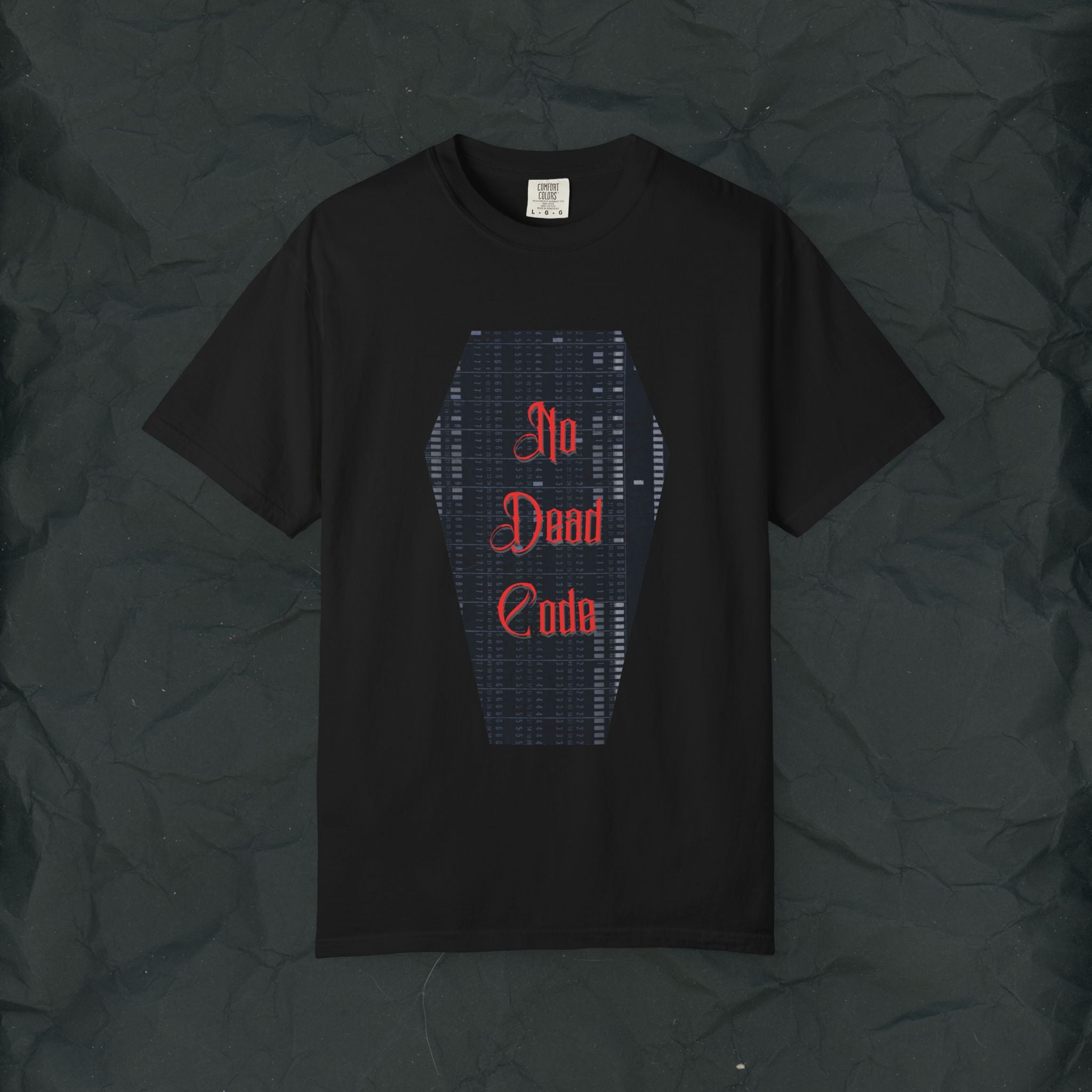 No Dead Code Programmer Shirt, Gothic Coding T-Shirt, Punch Card Coffin Design Tee